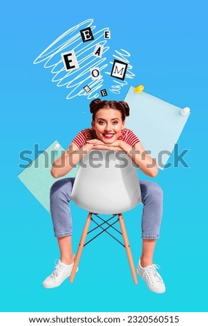 Collage artwork picture of happy smiling lady sitting chair dreaming isolated painting blue color background