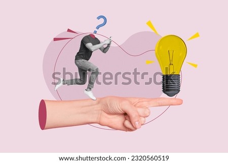 Poster 3d banner collage picture of weird faceless person running big human arm showing way route using phone searching answer strategy