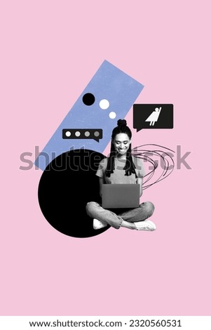 Vertical collage image of black white effect girl use netbook lie being superhero social network chatting isolated on pink background