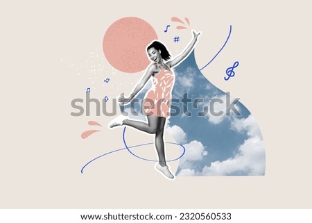 Collage portrait of black white colors excited positive girl overjoyed painted dancing melody notes clouds sky isolated on creative background