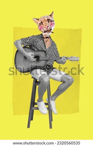 Vertical collage picture of black white colors guy lynx head smoke cigar sit stool play acoustic guitar isolated on yellow background