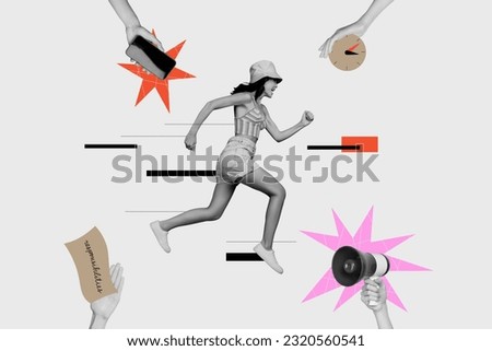 Poster banner collage of lady rushing fast for breaking news shopping sale on cell smart gadget alarm with bullhorn Royalty-Free Stock Photo #2320560541