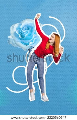 Vertical composite collage of young funky girl catch rhythm discotheque nightclub atmosphere ice rose dance isolated over blue background