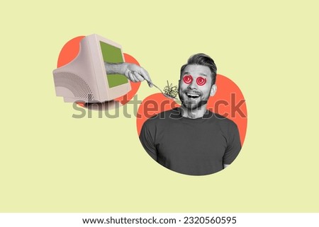 Banner poster black white gamma collage picture sketch of excited russian guy eating fake news false wrong info newscast reportage