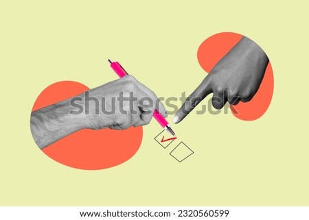 Poster banner collage of human hands using pen for writing check mark apply for form finger pointing to do list Royalty-Free Stock Photo #2320560599