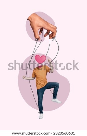 Collage artwork creative picture of headless metaphor surreal heart sympathy addicted lover manipulation slave isolated on pink background