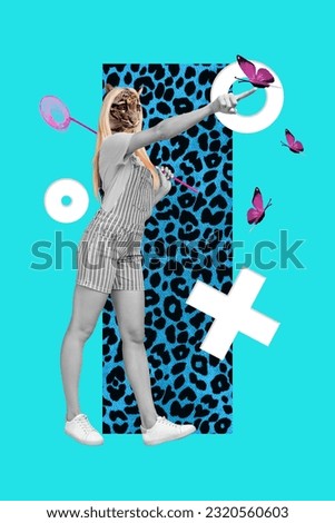 Picture collage image of excited funny lady leopard instead head catching butterflies isolated teal color background