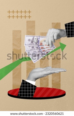 Creative retro 3d magazine collage image of hands sharing money together isolated beige colors background