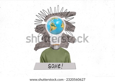 Collage metaphor composite picture illustration of headless electric light bulb planet earth save resources isolated on grey background