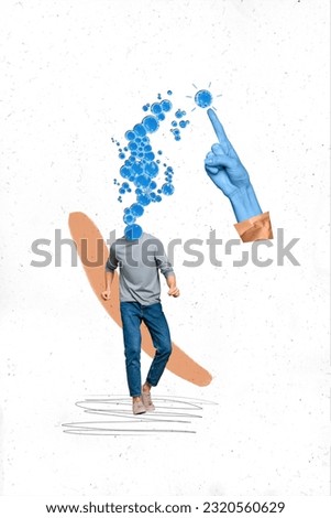 Vertical collage picture of blue arm point finger bright mind bubble mini headless guy isolated on white background