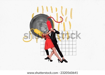 Template drawing picture collage of people guy lady with squeezy bottle face have 14 february event romantic dinner dancing tango