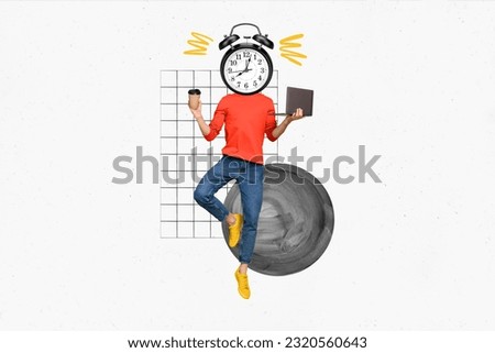 Collage picture artwork illustration metaphor absurd head deadline alert oclock gadget netbook drink coffee isolated on white background Royalty-Free Stock Photo #2320560643