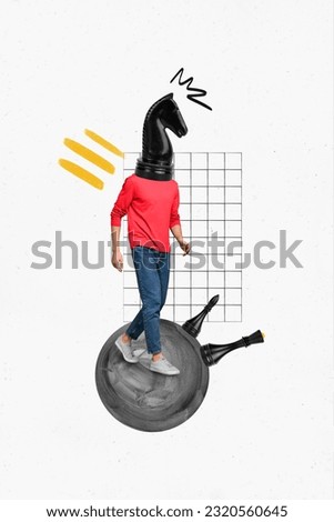 Vertical composite collage artwork of headless surreal person addicted player game competition chess horse isolated over white background