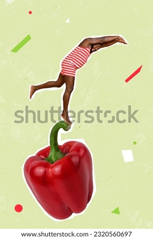 Vertical collage image of excited carefree mini guy stand big paprika pepper jump diving isolated on creative green background