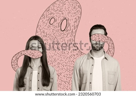 Composite collage picture of big painted monster arms cover close two people mouth eyes isolated on beige background
