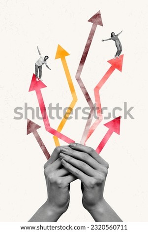 Vertical collage image of black white effect big arms hold arrow pointers two mini people stand balancing isolated on creative background Royalty-Free Stock Photo #2320560711