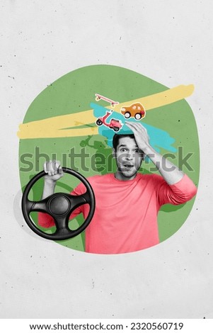Artwork sketch collage artwork of crazy excited funky guy shocked traffic jam rush hour vehicle city center isolated on painted background