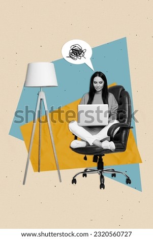 Vertical creative composite photo collage of tired woman working late on laptop sitting near lamp at home isolated colorful background