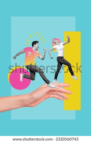 Bright vivid magazine template collage of two people family friends lady guy follow hand to summer season bargain offers