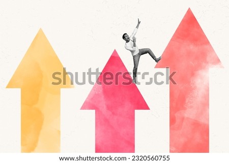 Photo artwork graphics collage painting of funny funky guy climbing growing arrows isolated drawing background