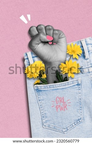 Creative retro 3d magazine image of lady fist showing power growing pants pocket isolated painting background Royalty-Free Stock Photo #2320560779