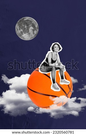 Vertical collage picture of black white colors mini girl sit huge basketball full moon night clouds sky isolated on creative background
