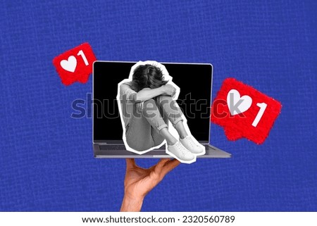 Creative collage of arm hold netbook display sit mini unsatisfied desperate girl like notification isolated on blue background