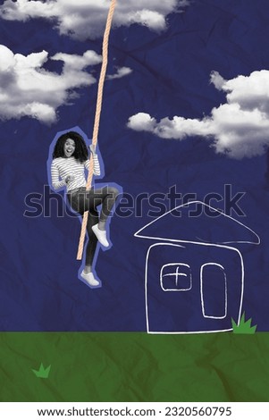 Vertical collage image of delighted black white gamma girl hang rope celebrate achievement drawing house clouds sky isolated on paper background