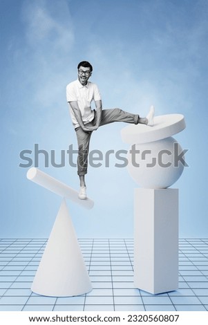 Exclusive magazine picture sketch collage image of carefree excited guy climbing 3d basic figures isolated blue color background