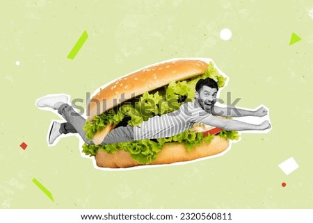 Artwork collage image of mini black white effect excited guy flying inside huge burger isolated on creative green background