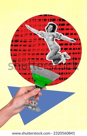 Vertical collage image of arm hold cocktail glass mini black white effect girl flying jumping isolated on painted yellow background
