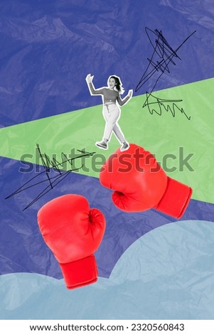 Photo collage cartoon comics sketch picture of carefree lady walking big red boxer gloves isolated drawing background