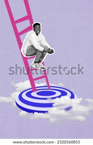 Vertical collage of positive mini black white effect guy climb ladder jump fall big goal darts board clouds sky isolated on violet background