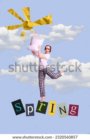 Artwork graphics collage painting of excited happy lady rising pillow enjoying sunny may nature isolated drawing background