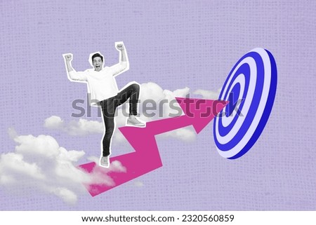 Artwork collage image of excited mini black white colors guy raise fists climb big arrow darts board clouds sky isolated on purple background