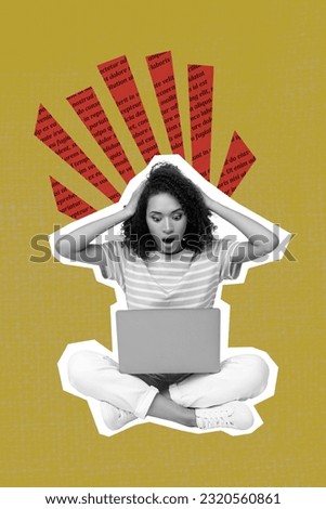 Photo collage picture of impressed funky lady reading news apple samsung device isolated creative background