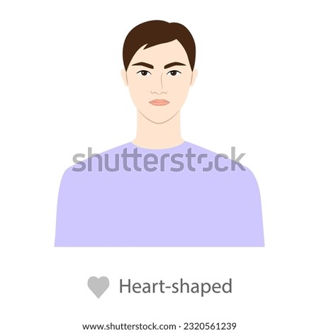 Men face heart shape type with text diagram. Male Vector illustration in cartoon style in the purple shirt 9 head size Gentlemen front view. Vector outline boy for fashion sketching