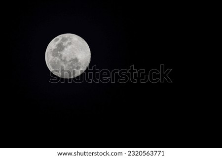 Close-up of the moon in the dark night sky. The moon is dotted with craters. Place for text