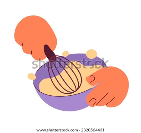 Hand hold bowl and mix dough flat semi flat colour vector object. Whipping cream with whisk. Editable cartoon clip art icon on white background. Simple spot illustration for web graphic design