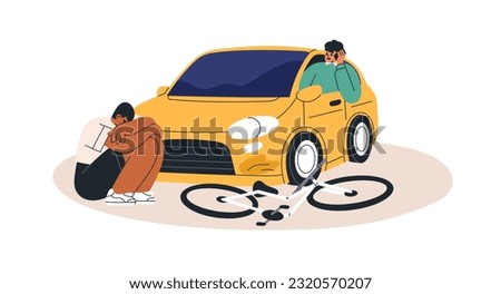 Car driver call for help after hitting cyclist. Shocked bicycle rider sitting on road after traffic accident. Bike and auto transport collision. Flat vector illustration isolated on white background