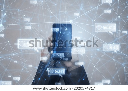 Concept of network and internet communication. Top view of businessman hands using smartphone with creative polygonal likes network on blurry background. Double exposure