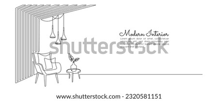 Modern design interior with armchair and wood slat walls in one continuous line drawing. Hygge scandinavian decor and soft furniture chair in simple linear style. Doodle vector illustration Royalty-Free Stock Photo #2320581151