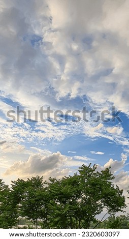 Blue sky with clouds, flying birds and a rainbow. Summer nature. Clouds at sunset. copy space