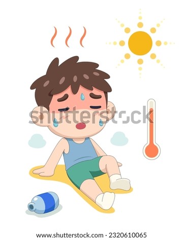 heat stroke child almost fainting under sun cartoon illustration Royalty-Free Stock Photo #2320610065