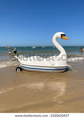 White swan shaped pedal boat on the shore of the beach on sunny day. Pedal boat in the sea Royalty-Free Stock Photo #2320620437