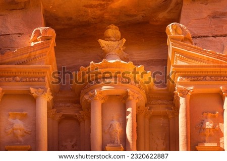 Petra, Jordan close-up view of the Treasury, Al Khazneh, one of the new Seven Wonders of the World Royalty-Free Stock Photo #2320622887