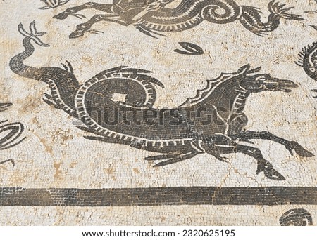 Hippocampus, Roman mosaic from the ancient Roman city of Italica in Santiponce, Seville province, Spain. Roman cities of Hispania. Royalty-Free Stock Photo #2320625195