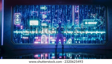 Excited Beautiful Young Female with Blue Hair Looking Out of the Window with Futuristic Urban City with Neon Lights at Night. Cyberpunk Style Reality with Advanced Autonomous Flying Transportation Royalty-Free Stock Photo #2320625493