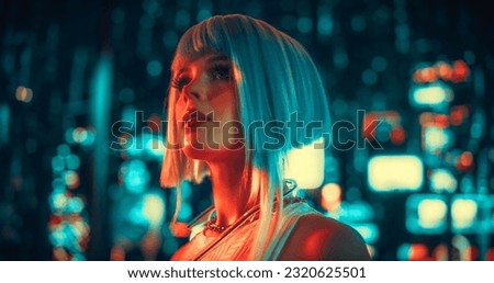 Beautiful Retro-Futuristic Portrait of a Human Gamer Girl Resembling an Android Robot with Artificial Intelligence, Travelling in Modern City with Neon Lights and Colorful Cyberpunk Vibe Royalty-Free Stock Photo #2320625501