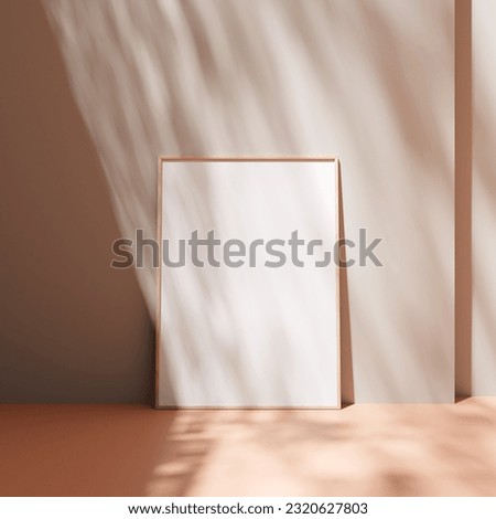 Mockup poster frame close up on pastel floor home interior with leaves shadow